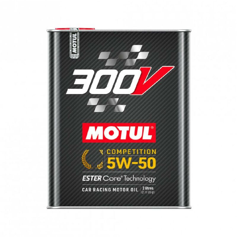 Silver metal canister of MOTUL 110859 Engine Oil, labeled "300V COMPETITION 5W-50," featuring a black carbon fiber pattern and racing graphics, with a 2-liter capacity.