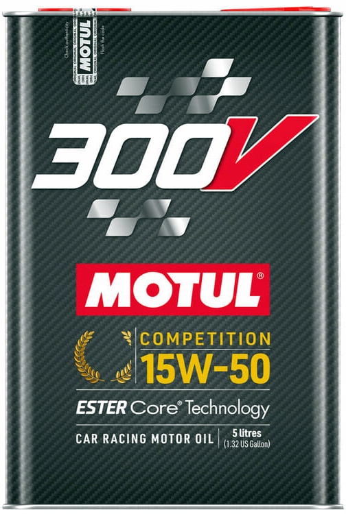 Black metal canister with a red top, featuring the Motul logo, "300V" in bold white letters, and "COMPETITION 15W-50" in yellow, highlighting Ester Core Technology and a 5-liter capacity.