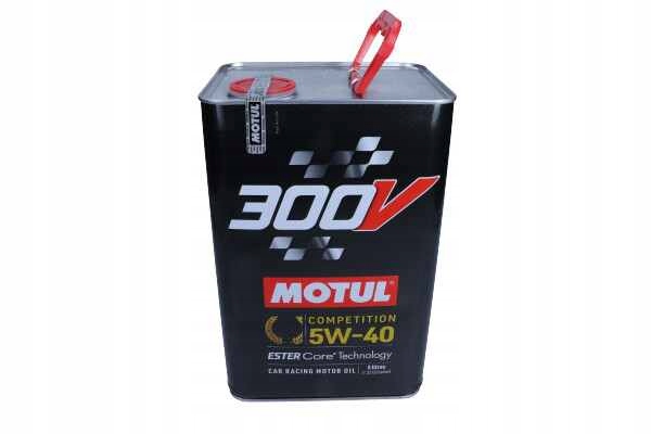 Black metal canister with a red cap, labeled "MOTUL 300V COMPETITION 5W-40," featuring a checkered flag design and indicating a capacity of 5 liters.