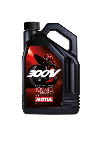 Black plastic container of MOTUL 104121 Engine Oil, 10W-40, with a red label featuring a motorcycle, capacity of 4 liters, and a handle for easy pouring.
