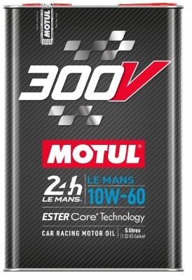 Black and silver canister of MOTUL 110865 Engine Oil 300V LE MANS 10W-60, featuring a red cap, racing graphics, and labeled with "Ester Core Technology" and "5 litres" capacity.