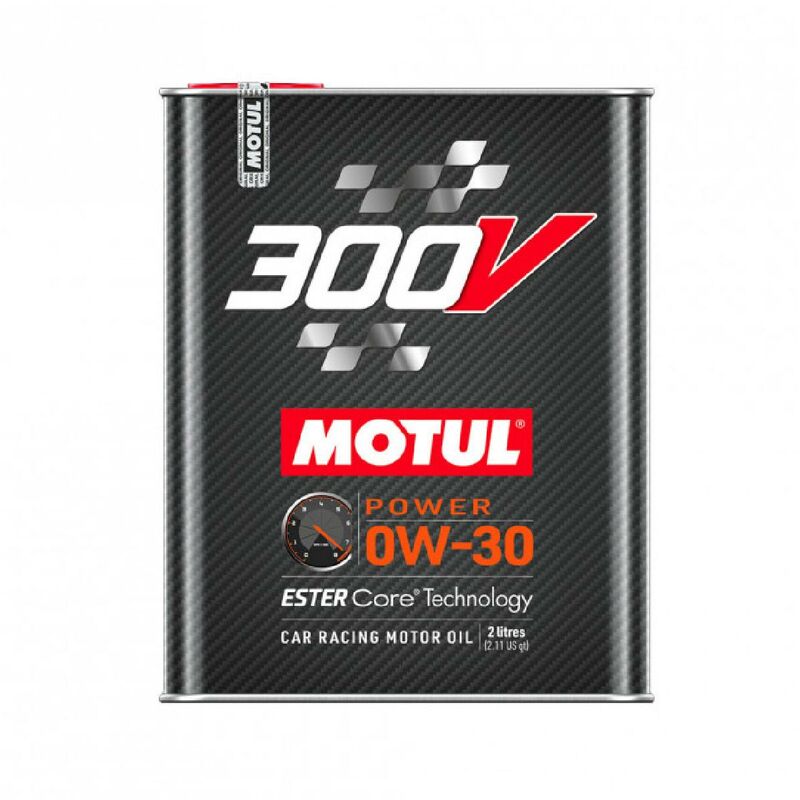 Black and silver canister of MOTUL 110856 Engine Oil 300V POWER 0W-20, featuring a red logo, checkered flag design, and labeled with "Ester Core Technology" and "2 litres."