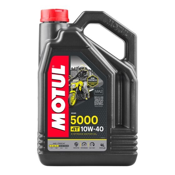 Black plastic container of Motul 5000 4T motorcycle engine oil, featuring a red and white label, 4 liters capacity, and marked with "10W-40" and "MA2" specifications.