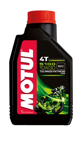 Black plastic bottle with a red and white label, featuring "MOTUL" prominently, capacity of 1 liter, and details about 10W-30 synthetic engine oil for motorcycles.