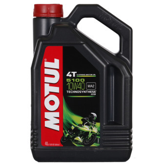 Black plastic container of MOTUL 104068 Engine Oil, 10W-40, 4L capacity, featuring a red and white label with a motorcycle graphic and "4T" and "TECHNOSYNTHESE" text.