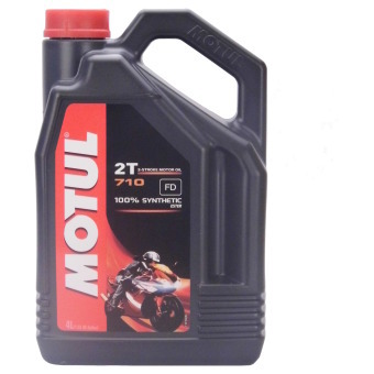 Black plastic container of MOTUL 104035 engine oil, 4 liters, featuring a red and black label with a motorcycle graphic, labeled as 100% synthetic oil.