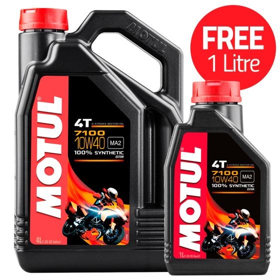 Black plastic container of Motul 7100 4T Fully Synthetic 10W40 Engine Oil, featuring a red label with white text, alongside a smaller bottle, with a red circle stating "FREE 1 Litre."