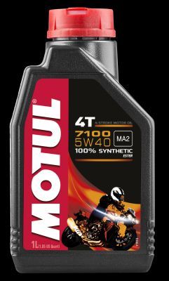 Black and red plastic bottle of MOTUL 104086 Engine Oil, 5W-40, 1L capacity, featuring a motorcycle graphic and bold "MOTUL" branding on the front.