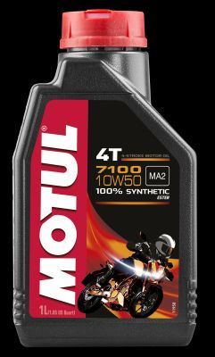 Black plastic bottle of MOTUL 104097 engine oil, 1L capacity, featuring a red cap, bold white and red branding, and a motorcycle graphic, labeled as 10W-50 synthetic oil.