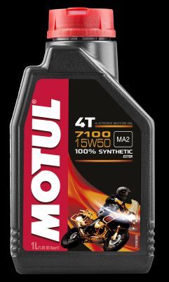 Black plastic bottle of MOTUL 104298 Engine Oil, 15W-50, 1L capacity, featuring a red and black label with a motorcycle graphic and "100% SYNTHETIC" text.