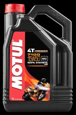 Black plastic container of MOTUL 104299 synthetic engine oil, 15W-50, with a red and black label featuring a motorcycle graphic, capacity of 4 liters.