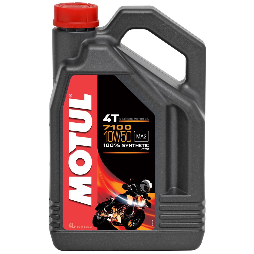 Black plastic container with a red cap, labeled "MOTUL 104098 Engine Oil 10W-50," featuring a motorcycle graphic and indicating a capacity of 4 liters of synthetic oil.
