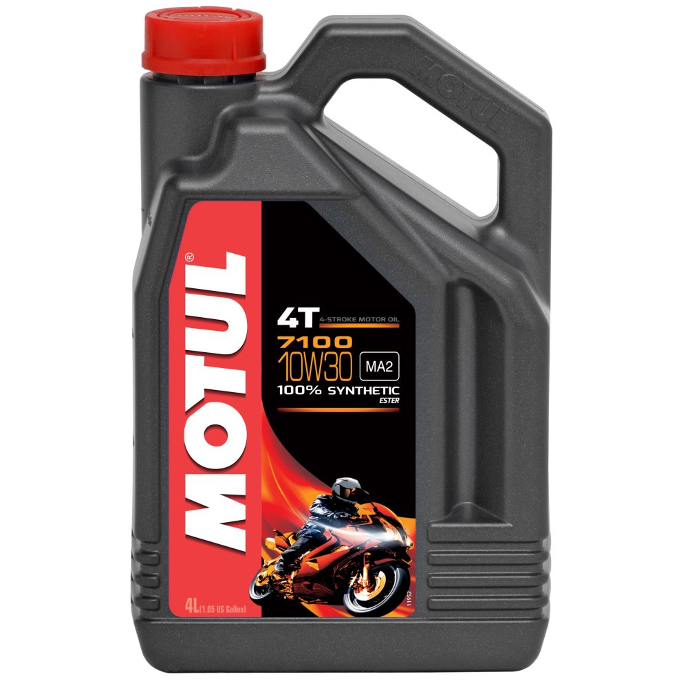 Black plastic container of MOTUL 104090 Engine Oil, 10W-30, 4L capacity, featuring a red cap, bold branding, and a motorcycle graphic on the label, indicating full synthetic oil.