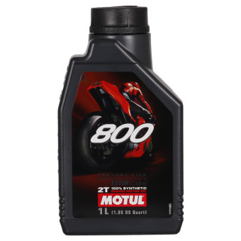 Black plastic bottle of MOTUL 104041 engine oil, featuring a red motorcycle graphic, labeled "800 2T 100% Synthetic," with a capacity of 1 liter.