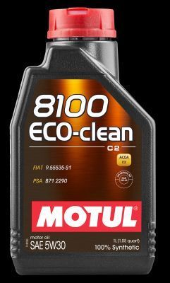 Black plastic bottle of Motul 8100 Eco-Clean 5W30 synthetic engine oil, featuring a bright orange label with white text, and a red cap, indicating 1 litre capacity and SAE 5W30 specification.