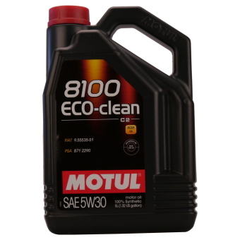 Black plastic container of Motul 8100 Eco-Clean 5W30 synthetic engine oil, featuring a red and white label with product details, 5 litres capacity, and a handle for easy pouring.