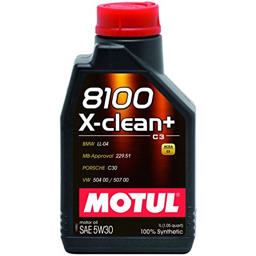Black plastic container of MOTUL 103989 Engine Oil, 5W-30, featuring a red cap, with clear labeling and a capacity of 20 liters, highlighting its synthetic formulation and approvals.