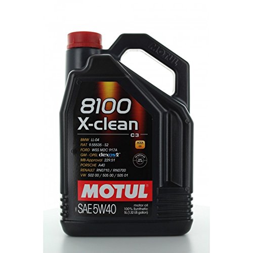 Black plastic container of MOTUL 103991 Engine Oil 5W-40, featuring a red and white label, with a handle and a capacity of 20 liters.