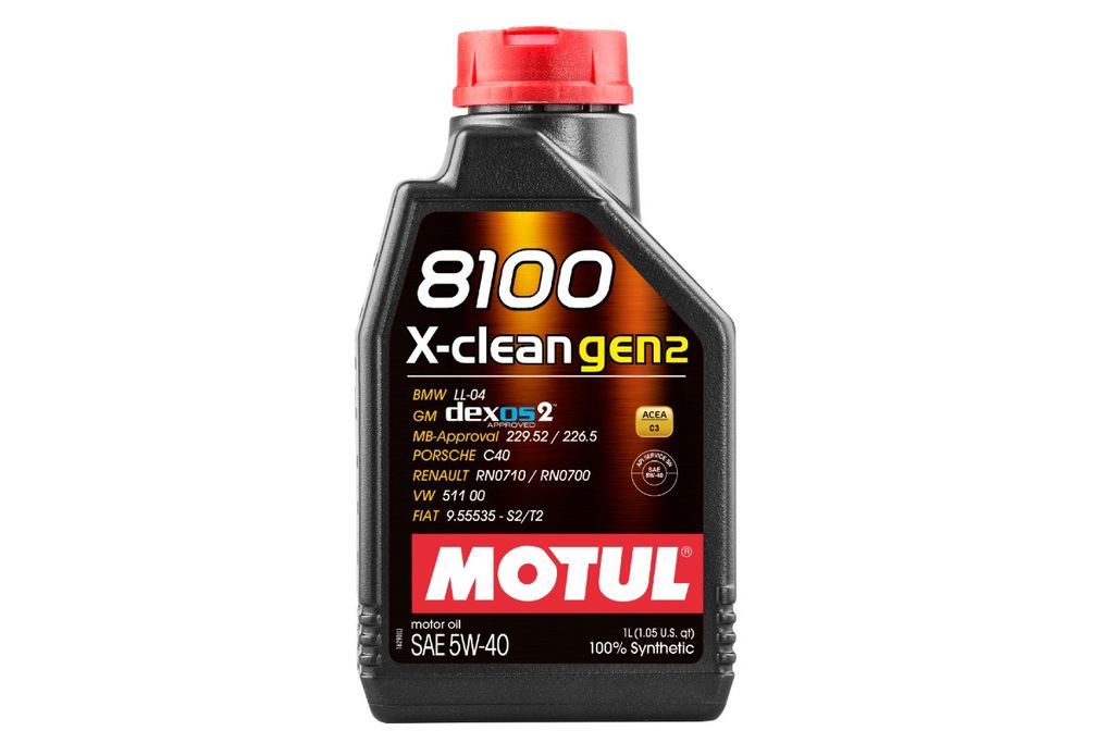 Black and orange plastic bottle of MOTUL 109761 Engine Oil 8100 X-CLEAN GEN2 5W-40, featuring a red cap, 1-liter capacity, and labels indicating compatibility with various car brands.