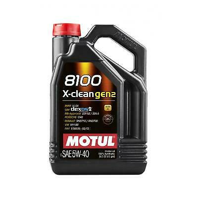 Black plastic container of MOTUL 109762 Engine Oil 8100 X-CLEAN GEN2 5W-40, featuring a handle, orange and gold label, and a capacity of 5 liters.