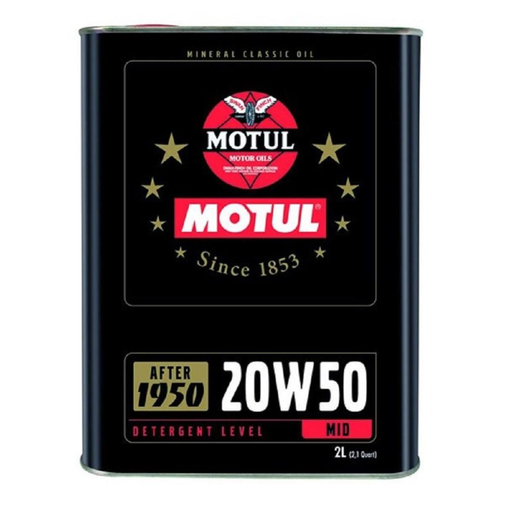 Black metal canister with a red and white MOTUL logo, featuring gold stars and text indicating "20W-50" and "Mineral Classic Oil," with a capacity of 2 liters.