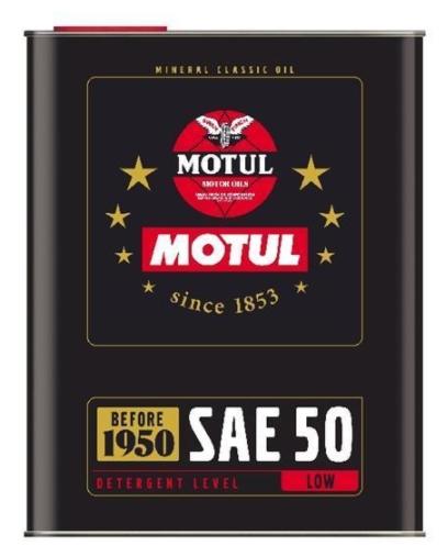 Black metal canister of MOTUL 104510 Engine Oil SAE 50, featuring a red and white logo, gold stars, and text indicating a capacity of 2 liters and low detergent level.