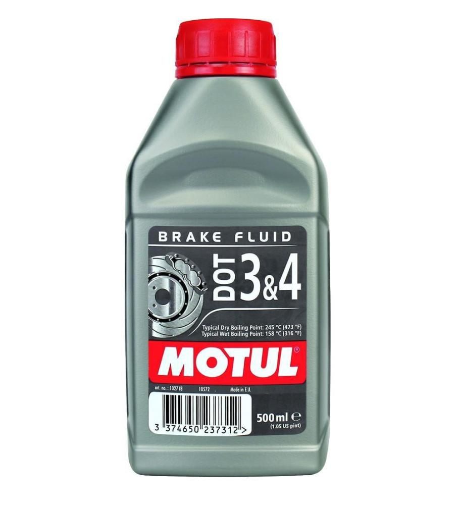 Gray plastic bottle with a red cap, labeled "MOTUL BRAKE FLUID DOT 3 & 4," featuring a graphic of a brake disc, and a capacity of 0.5 liters.