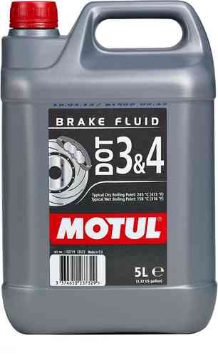 Gray plastic container of MOTUL 104247 Brake Fluid, featuring a red screw cap, labeled with "DOT 3 & 4," and a graphic of a brake disc, with a capacity of 5 liters.
