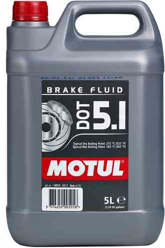 Gray plastic container of MOTUL brake fluid DOT 5.1, featuring a red cap, a large label with product details, and a capacity of 5 liters.