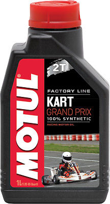 Black plastic bottle with a red cap, labeled "MOTUL 105884," featuring a racing kart graphic and text indicating 1L capacity and 100% synthetic oil for karting.