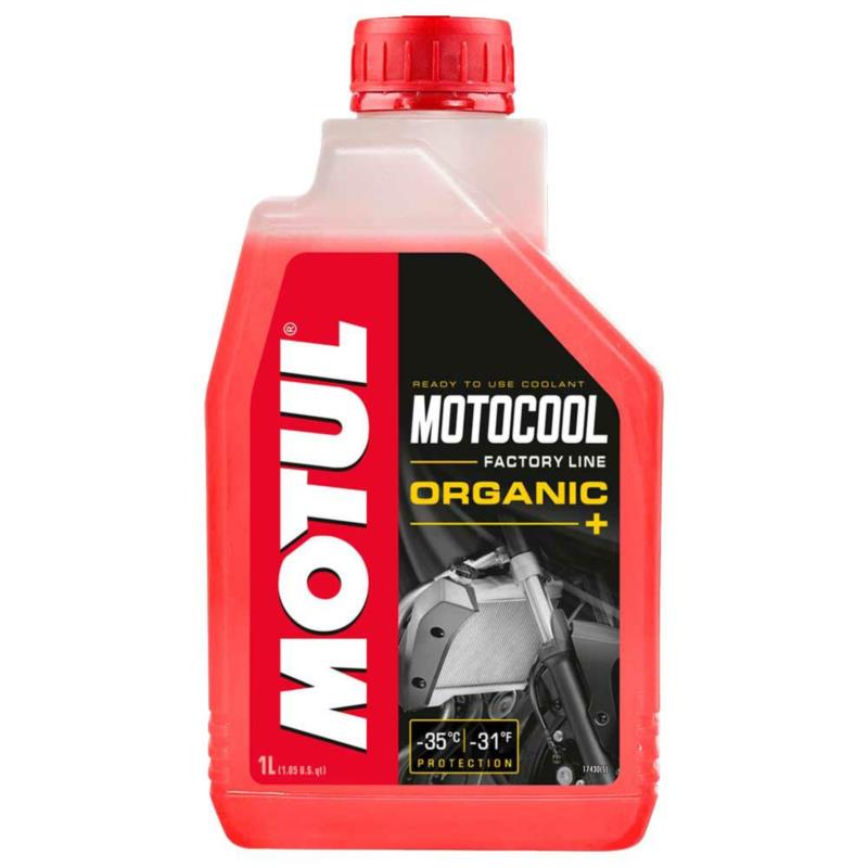 Red 1L bottle of MOTUL MOTOCOOL FACTORY LINE coolant, featuring a black label with white and yellow text, indicating -35°C protection and designed for motorcycle use.