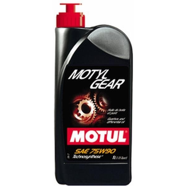 Black plastic bottle of MOTUL 105783 Transmission Oil, featuring a red cap, with a label displaying "MOTUL" and "SAE 75W-90," indicating part synthetic oil and a 1-liter capacity.