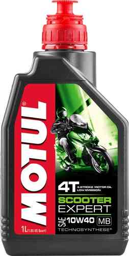 Black and red plastic bottle of MOTUL 105935 Engine Oil 10W-40, featuring a bright red cap, with a graphic of a motorcycle and text highlighting its part synthetic formula.
