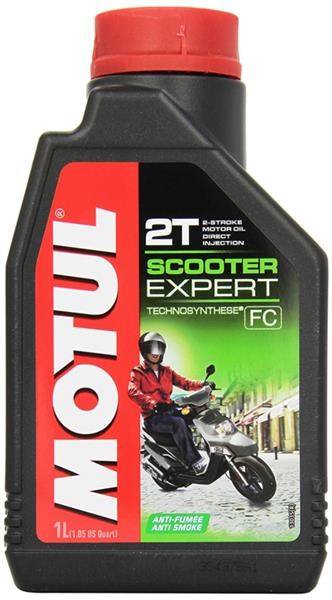 Black plastic bottle with a green and red label, featuring "MOTUL" logo, product name "SCOOTER EXPERT FC," and a motorcycle graphic; contains 1 liter of part synthetic engine oil.