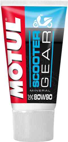MOTUL 105859 Transmission Oil tube in a white and black design, featuring blue accents, labeled "SCOOTER GEAR" and "80W-90," with a capacity of 0.150l, made of mineral oil.