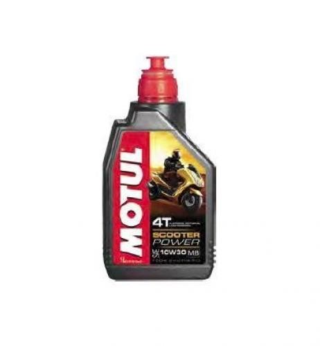 Black plastic bottle with a red cap, featuring a prominent red and yellow label that reads "MOTUL 4T SCOOTER POWER 10W-30," indicating it's a 1-liter synthetic engine oil.