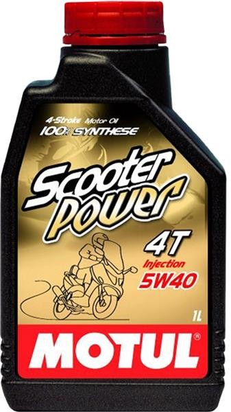 Black plastic bottle of MOTUL 105958 Engine Oil, 5W-40, with a red screw cap, featuring a gold label that highlights "Scooter Power" and "100% Synthese," capacity of 1 liter.