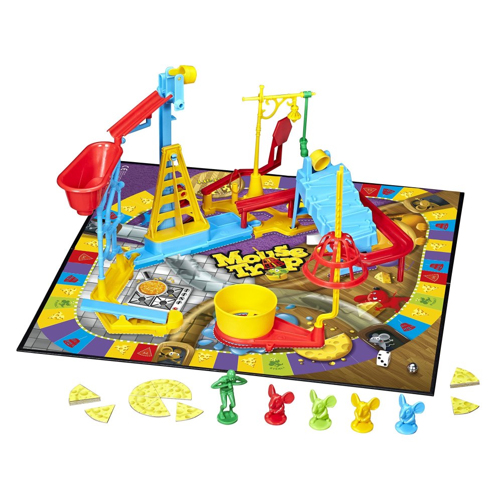 Colorful plastic game board featuring a multi-level mouse trap setup with yellow, red, and blue components, along with game pieces shaped like mice and cheese slices.
