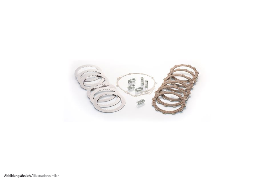 TRW MSK217 Clutch Superkit featuring metal and friction plates, springs, and a spacer disc, all arranged neatly on a white background.