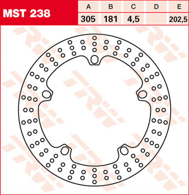 TRW MST238 rigid brake disc features a circular design with multiple drilled holes for improved performance, displayed against a red background with specifications listed.