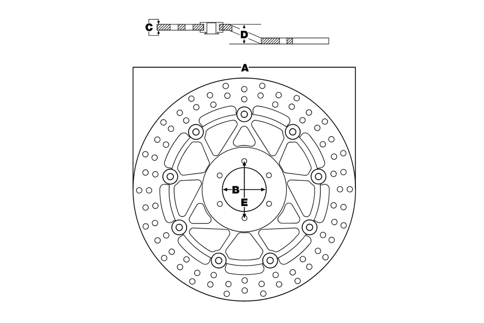 Round fixed brake disc in silver, 320mm diameter, featuring a ventilated design with multiple holes, suitable for BMW F 800 GT ABS models from 2013 to 2020.