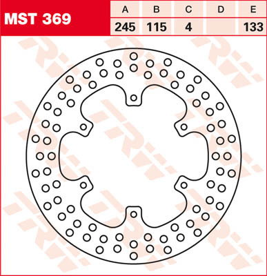 Round fixed brake disc, 245mm diameter, featuring a perforated design and a central star-shaped cutout, designed for Yamaha XTZ 750 models from 1989 to 1997.
