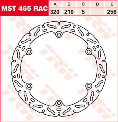 Contoured fixed brake disc for Honda CB500 F (2013-2023) featuring a circular design with intricate cutouts, metallic finish, and labeled dimensions for installation.