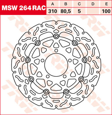TRW MSW264RAC floating brake disc features a circular design with a contour, made of metal, showcasing intricate cutouts and a central mounting hole.