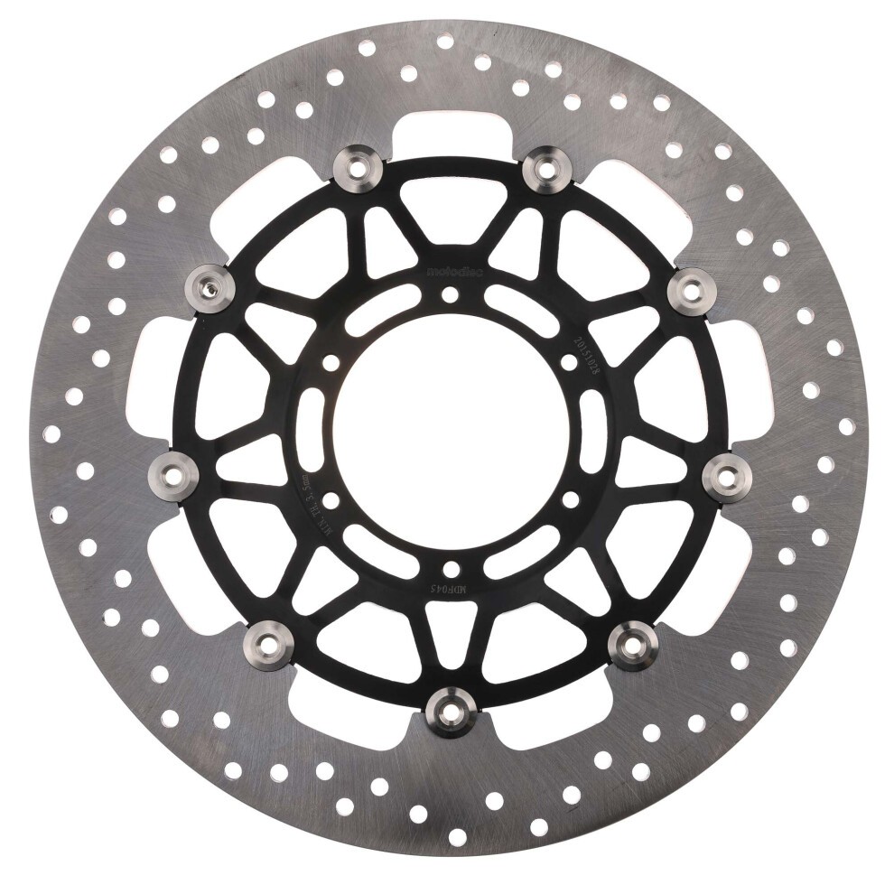 Front floating round brake disc for Honda CBR900RR (2000-03) featuring a metallic silver surface, black center, and multiple drilled holes for enhanced performance.