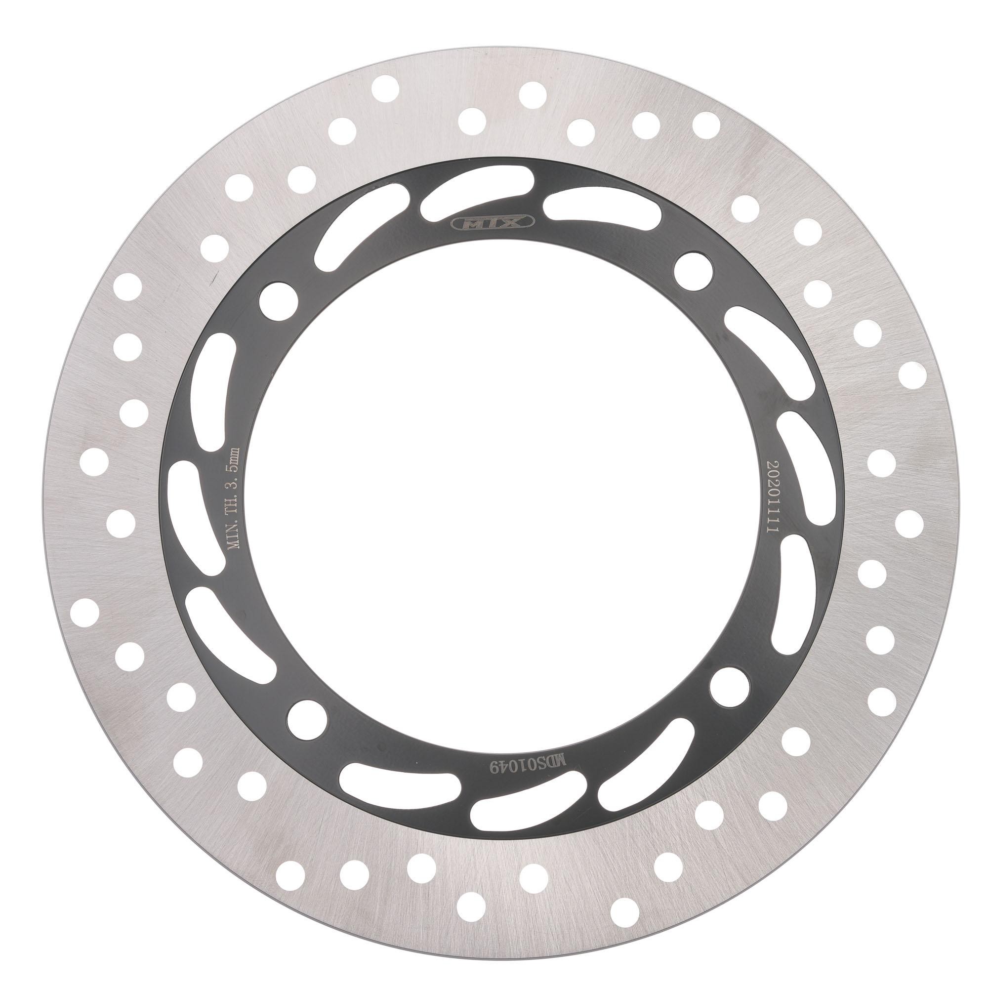 Front solid round brake disc for Honda NX650 Dominator, featuring a silver stainless steel surface with a black anodized center and multiple drilled holes for improved performance.