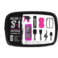 Muc-Off 8 In 1 Bike Cleaning Kit with pink spray, brushes, sponge, and lubricant in a black tray.