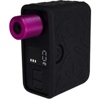 Black Muc-Off AirMach Electric Mini Pro Inflator with textured grip, digital display, and pink nozzle.