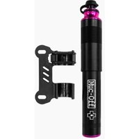 Black and pink Muc-Off AirMach Mini Pump with mounting bracket and ergonomic handle.