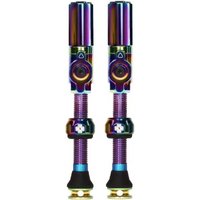 Muc-Off Big Bore Hybrid Tubeless Valves, iridescent finish, cylindrical shape, with rubber base and locking ring.